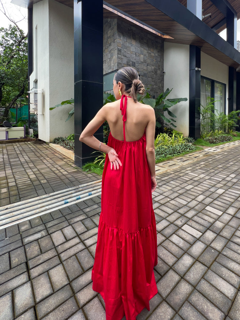 Can I call you rose red halter maxi dress