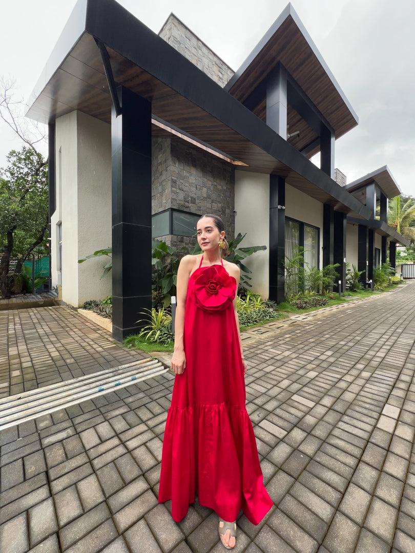 Can I call you rose red halter maxi dress